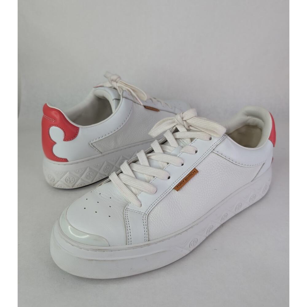 Tory Burch Ladybug Sneakers Clean Preppy East Coast White Pink Logo Size 11M - Picture 2 of 11